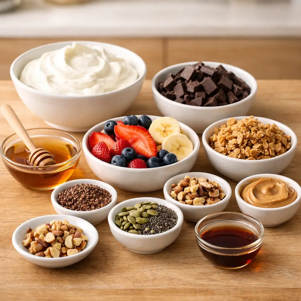 Ingredients for chocolate yogurt bark recipe arranged on a wooden kitchen table, including Greek yogurt, dark chocolate, strawberries, blueberries, banana slices, granola, chopped nuts, seeds, honey, peanut butter, and vanilla extract.