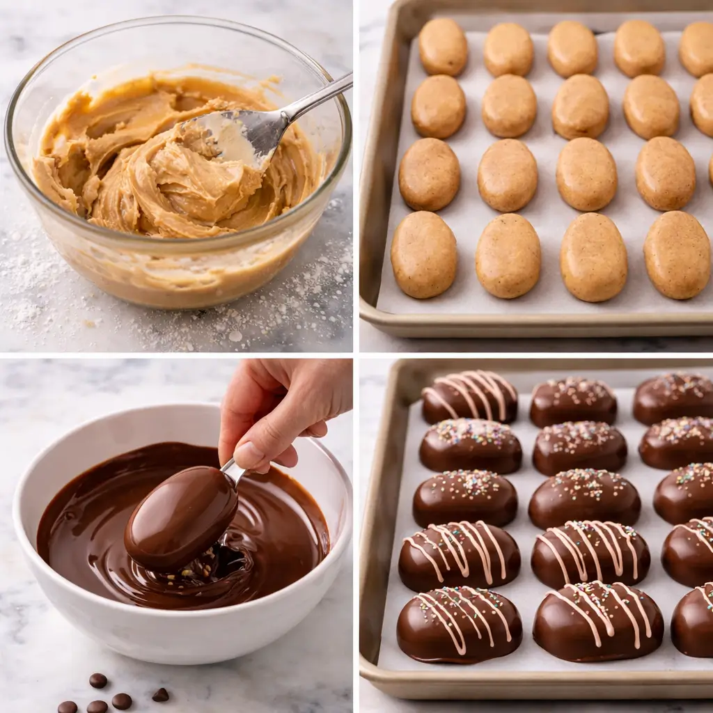 Step-by-step grid showing how to make peanut butter Easter eggs, from mixing the peanut butter filling and shaping the eggs to dipping them in chocolate and finishing the coated candies.