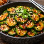A bowl of spicy Korean Cucumber Salad (Oi Muchim) topped with toasted sesame seeds and sliced scallions, served as a traditional banchan side dish.
