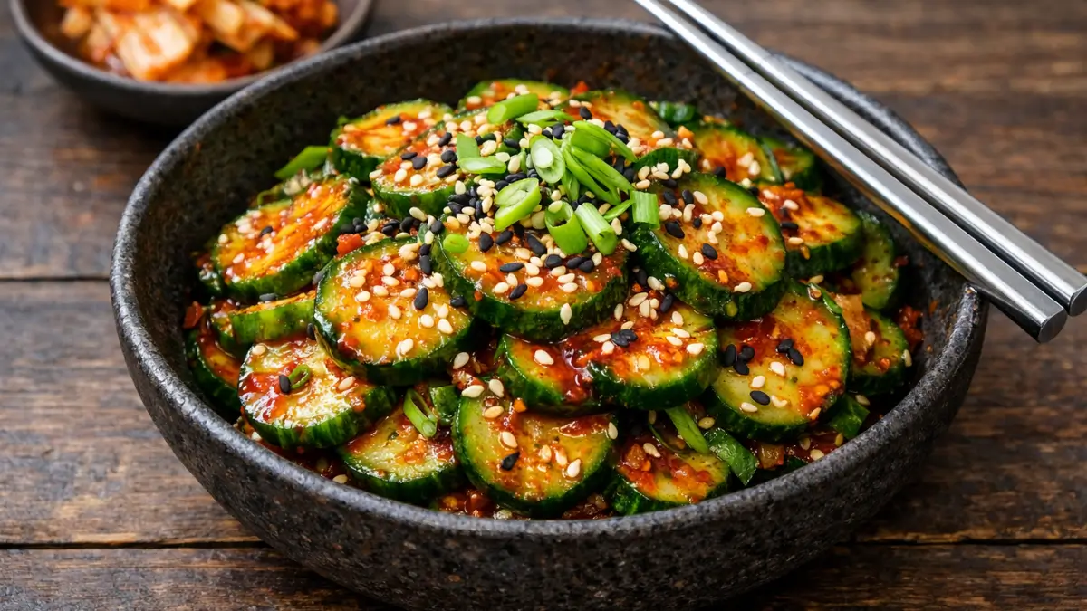 A bowl of spicy Korean Cucumber Salad (Oi Muchim) topped with toasted sesame seeds and sliced scallions, served as a traditional banchan side dish.