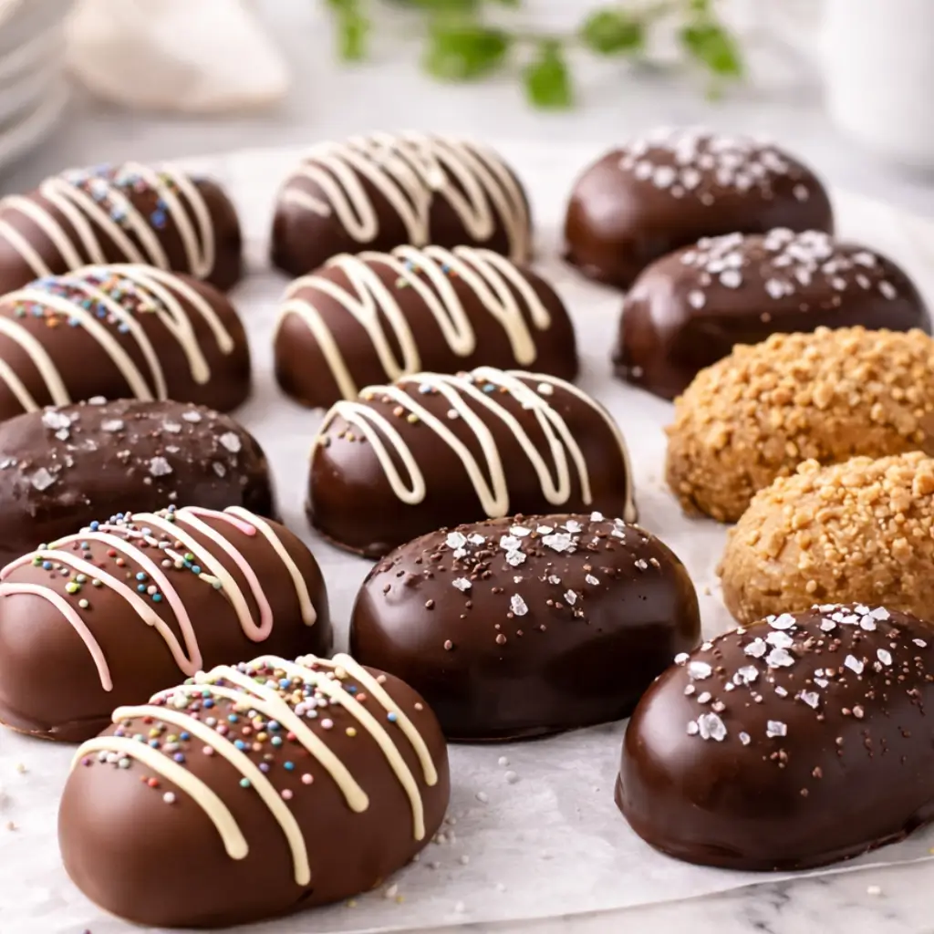Assorted peanut butter Easter eggs with milk chocolate, dark chocolate, white chocolate drizzle, sea salt, and crunchy peanut butter coatings arranged on a marble board.
