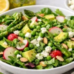 Spring salad recipe with asparagus, peas, radishes, avocado, feta, and fresh herbs in a white bowl with lemon-herb vinaigrette.