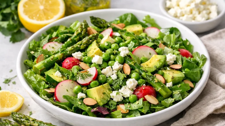 Spring Salad Recipe Spring salad recipe with asparagus, peas, radishes, avocado, feta, and fresh herbs in a white bowl with lemon-herb vinaigrette.