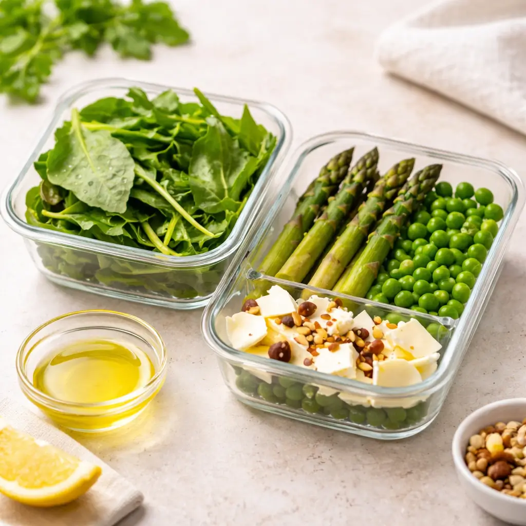 Square meal prep image showing spring salad ingredients in clear glass containers with leafy greens, asparagus, peas, feta, and olive oil on a light neutral background.