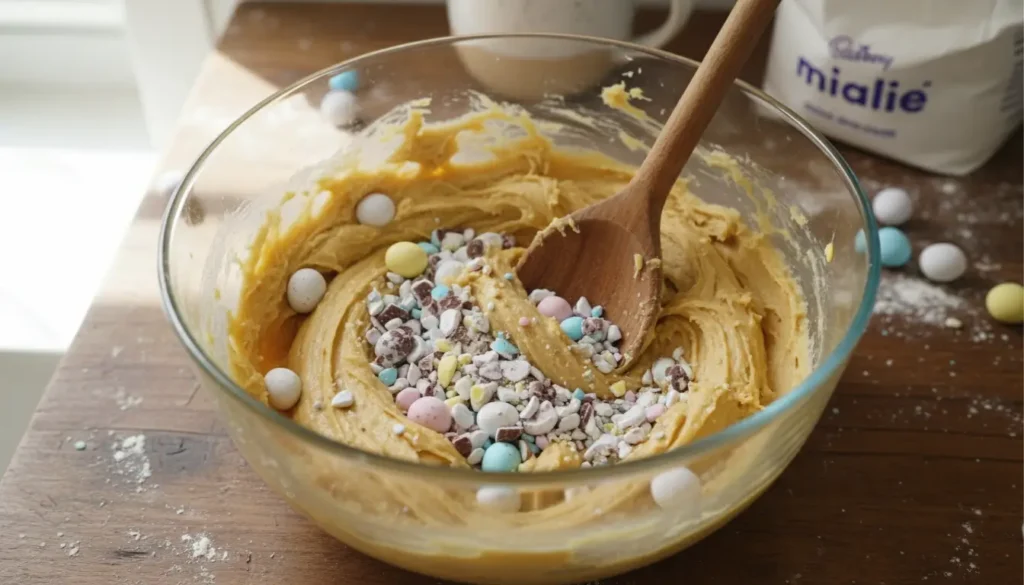 Cadbury Egg Cookies dough in a glass mixing bowl with crushed Cadbury mini eggs being folded into the batter with a wooden spoon.