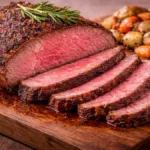 Bone-in ribeye roast recipe sliced medium-rare on a wooden board with roasted vegetables