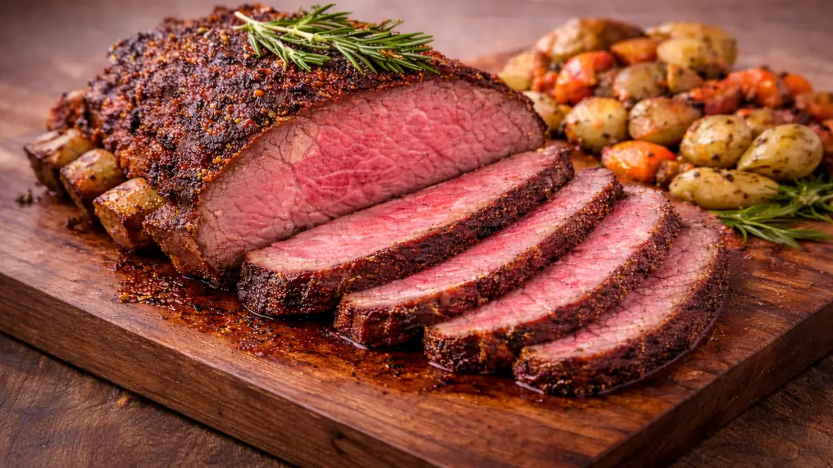 Bone-in ribeye roast recipe sliced medium-rare on a wooden board with roasted vegetables