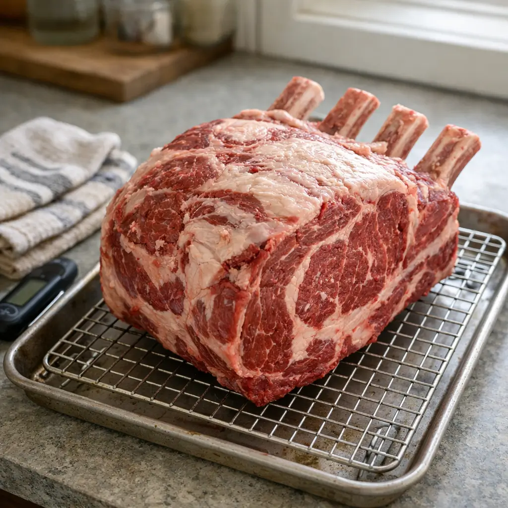 Bone-in ribeye roast resting on a rack before cooking so it can come closer to room temperature.