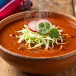 Pozole recipe served in a rustic clay bowl with red broth, shredded cabbage, radish slices, cilantro, and lime