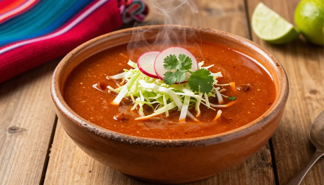 Pozole recipe served in a rustic clay bowl with red broth, shredded cabbage, radish slices, cilantro, and lime