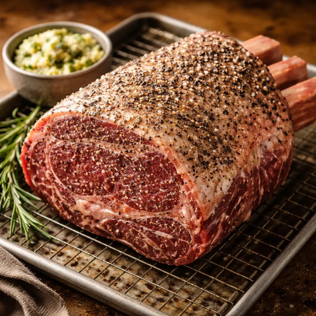 Bone-in ribeye roast coated with kosher salt and black pepper before roasting.