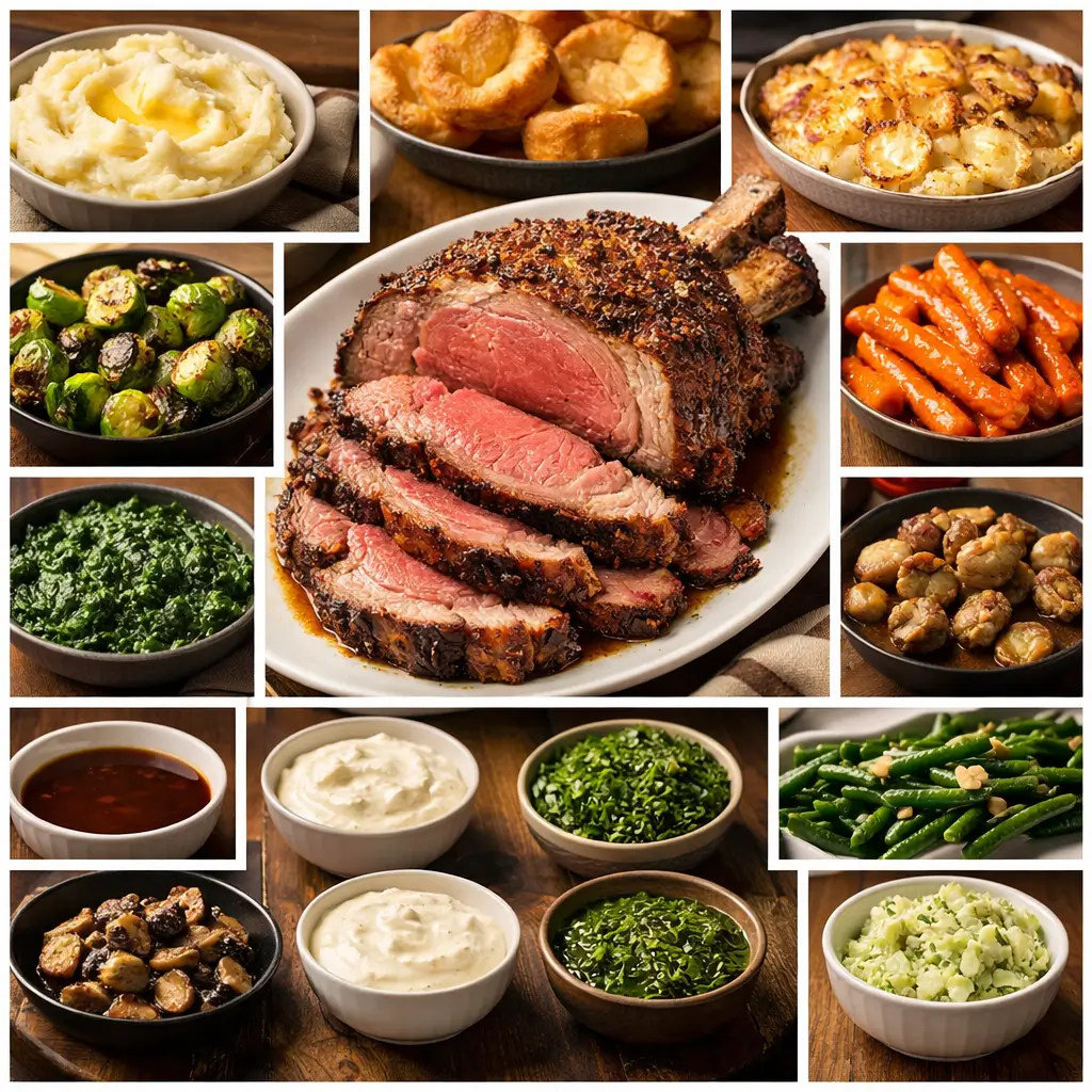 Collage grid of sliced bone-in ribeye roast with mashed potatoes, Yorkshire pudding, scalloped potatoes, Brussels sprouts, glazed carrots, creamed spinach, mushrooms, green beans, and sauces.