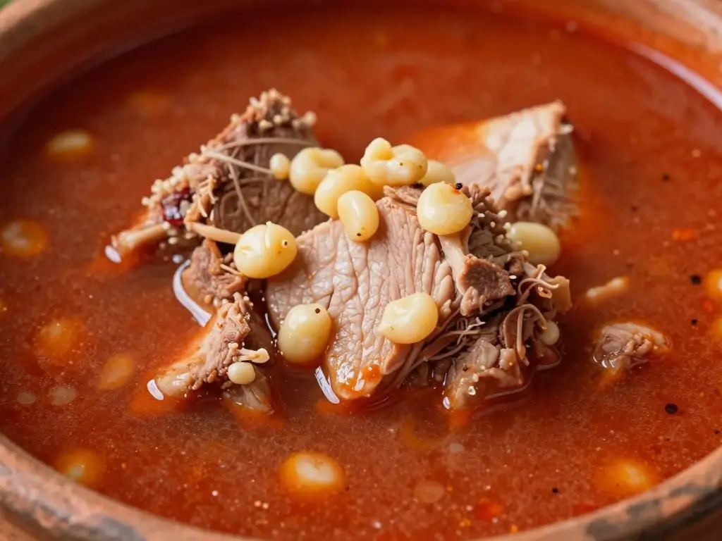 Authentic pozole recipe with pork and hominy in a deep red Mexican soup broth