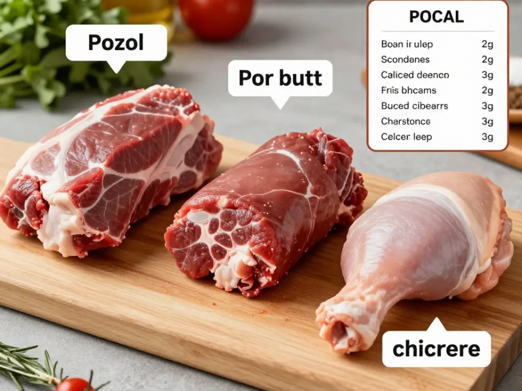 Best meat for pozole recipe showing pork shoulder, pork butt, and chicken on a cutting board