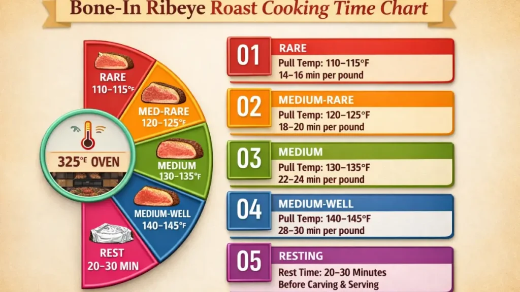 bone-in ribeye roast cooking time chart infographic with pull temperatures and minutes per pound