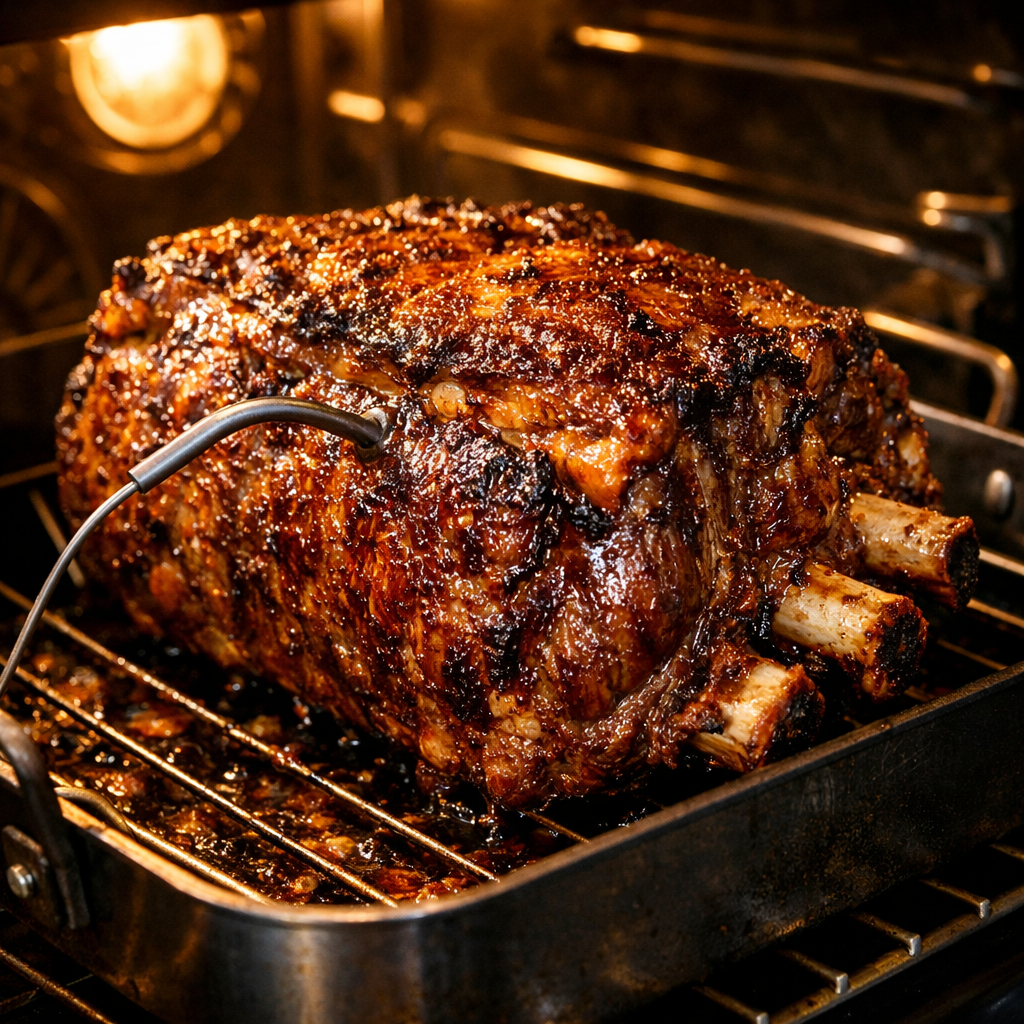 Bone-in ribeye roast developing a browned crust in the oven during roasting.