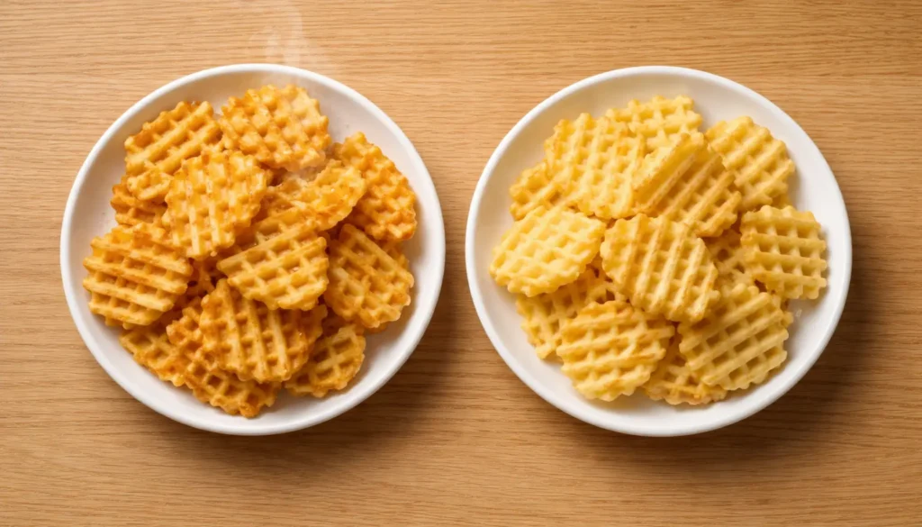 Did Chick-fil-A change their waffle fries image comparing crispy steaming waffle fries on one plate and softer pale fries on another.