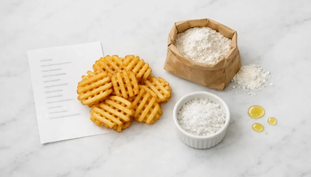 Did Chick-fil-A change their waffle fries image showing golden waffle fries with rice flour, sea salt, canola oil, and a printed ingredient list on a white marble surface.
