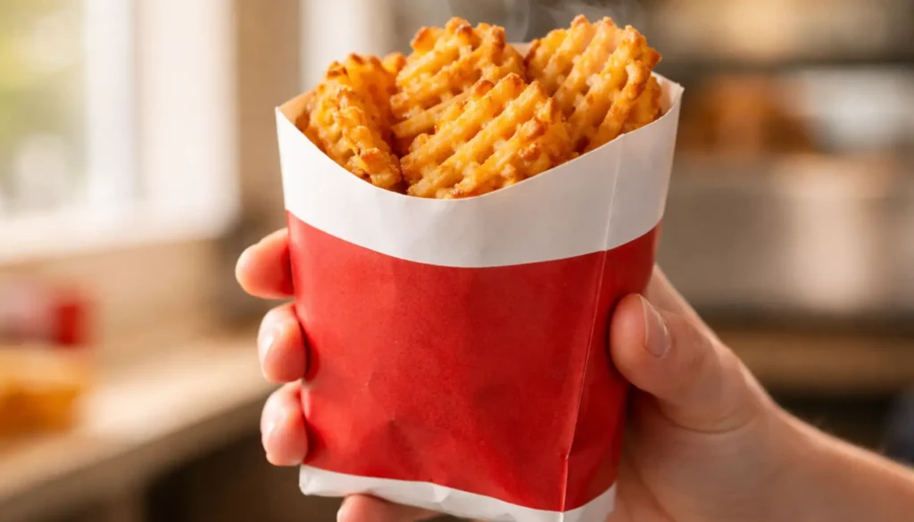 A hand holding a red and white paper carton of golden waffle fries with the top open, showing crispy fries peeking out, in warm natural light