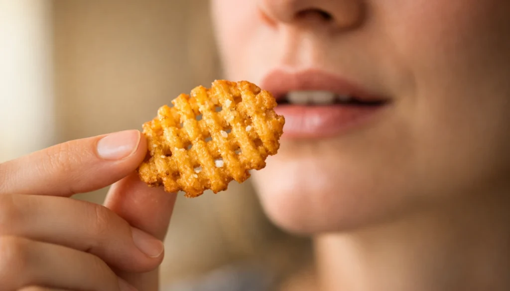 A person holding a single crispy golden waffle fry up close to their mouth about to taste it with a curious evaluative expression softly blurred in the background