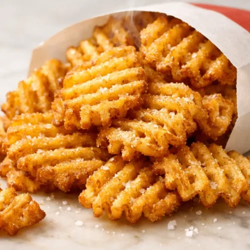 Crispy golden Chick-fil-A style waffle fries spilling from a paper carton onto a white marble surface, seasoned with flaky sea salt