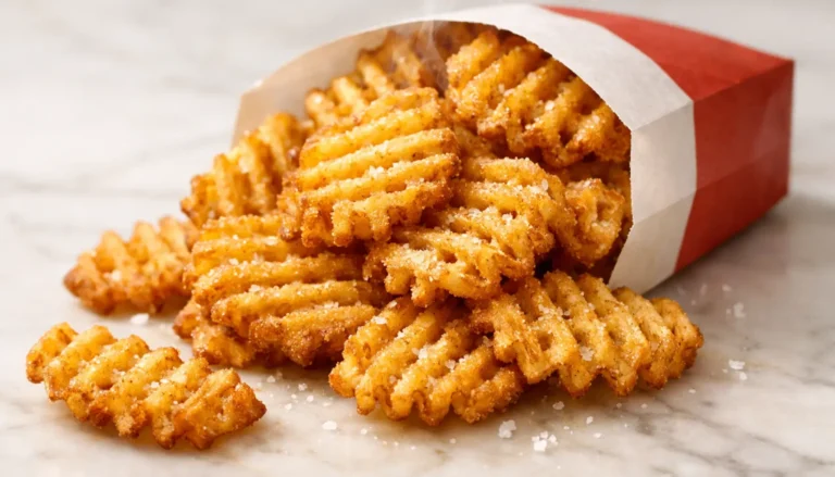 Crispy golden Chick-fil-A style waffle fries spilling from a paper carton onto a white marble surface, seasoned with flaky sea salt