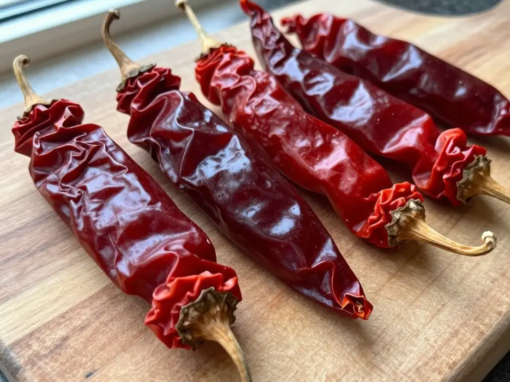 Dried red chiles for pozole recipe on a wooden board, ready for making rich chile broth