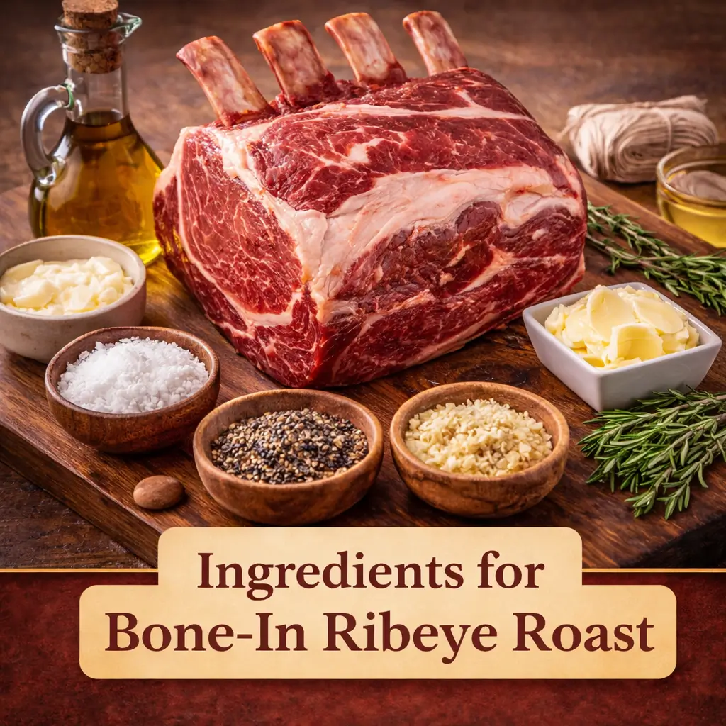 ingredients for bone-in ribeye roast recipe with raw standing rib roast, garlic, butter, rosemary, salt, pepper, and olive oil