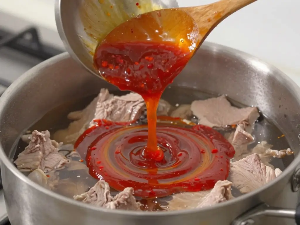 Red chile sauce being added to pork broth for pozole recipe in a large pot