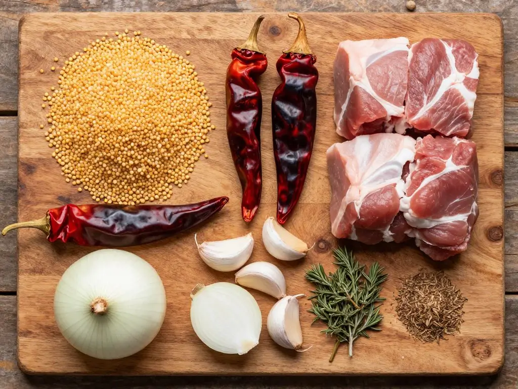 Pozole recipe ingredients with pork, hominy, dried red chiles, onion, garlic, and herbs on a wooden board