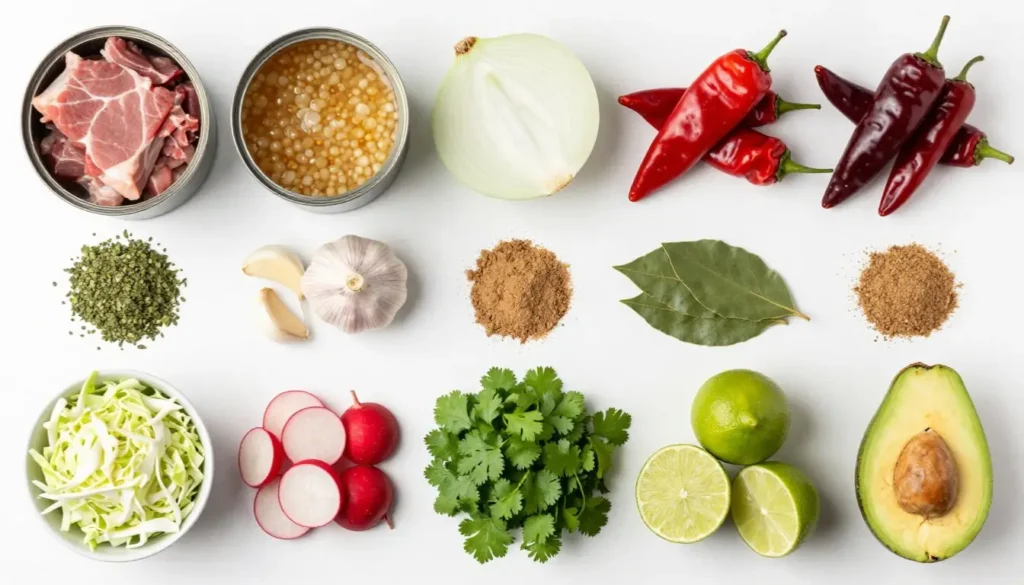 Pozole recipe ingredients and toppings with pork, hominy, dried chiles, cabbage, radishes, cilantro, lime, and avocado