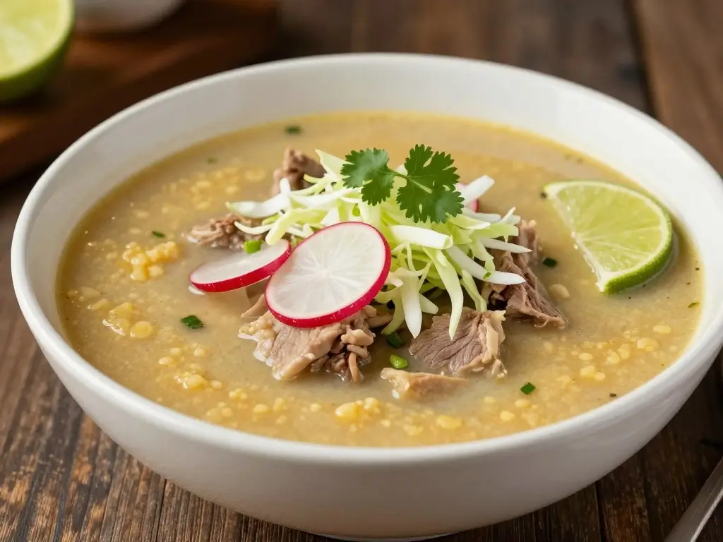 Pozole recipe served with pork, hominy, shredded cabbage, radish slices, cilantro, and lime in a white bowl
