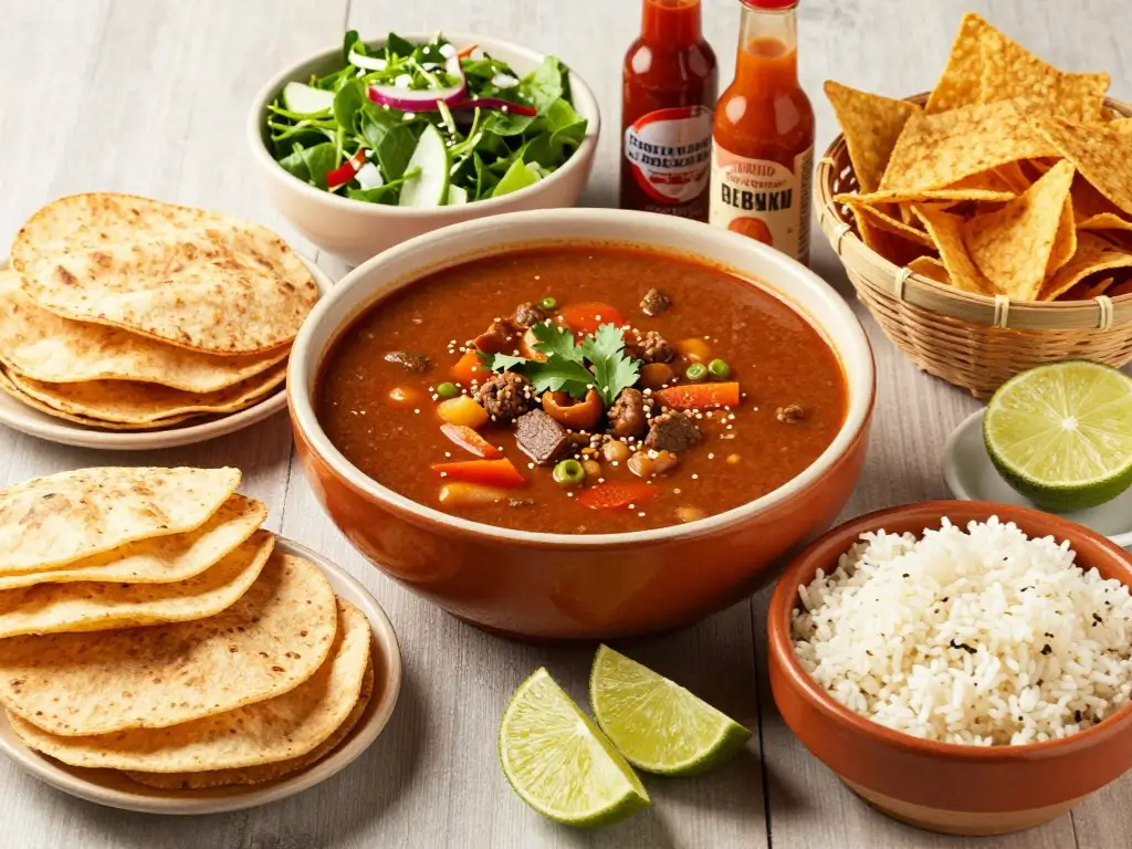 Pozole served with tostadas, tortilla chips, white rice, salad, hot sauce, and lime on the side