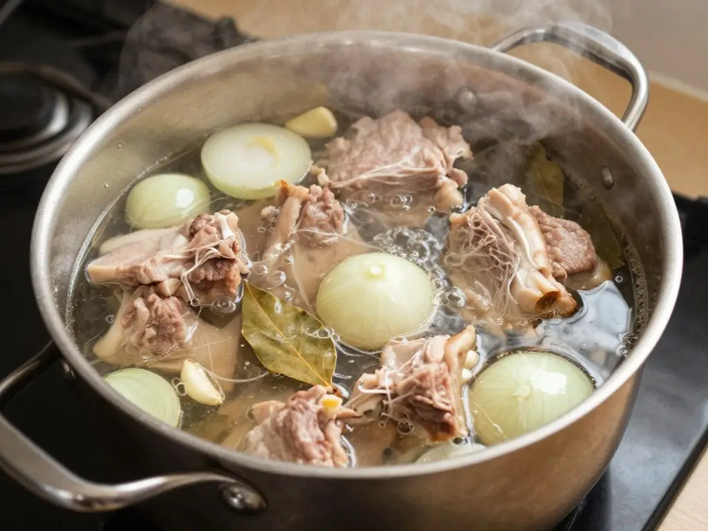 Pozole recipe simmering with pork, onion, garlic, and bay leaves in a large pot