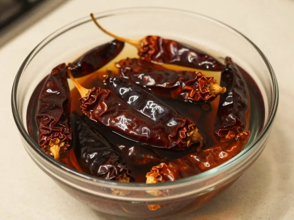 Dried red chiles soaking in water for pozole recipe before blending into the chile sauce