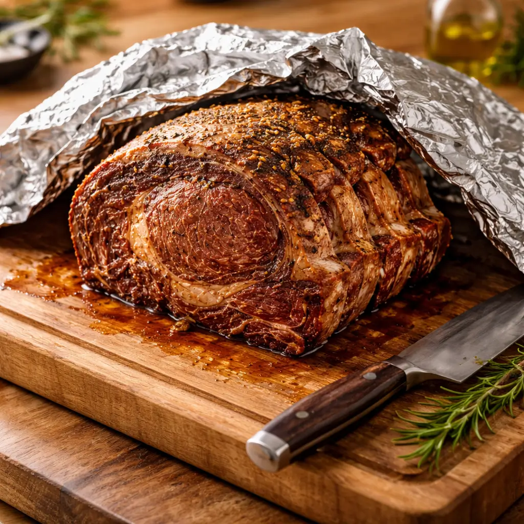 Bone-in ribeye roast resting under loose foil before slicing.