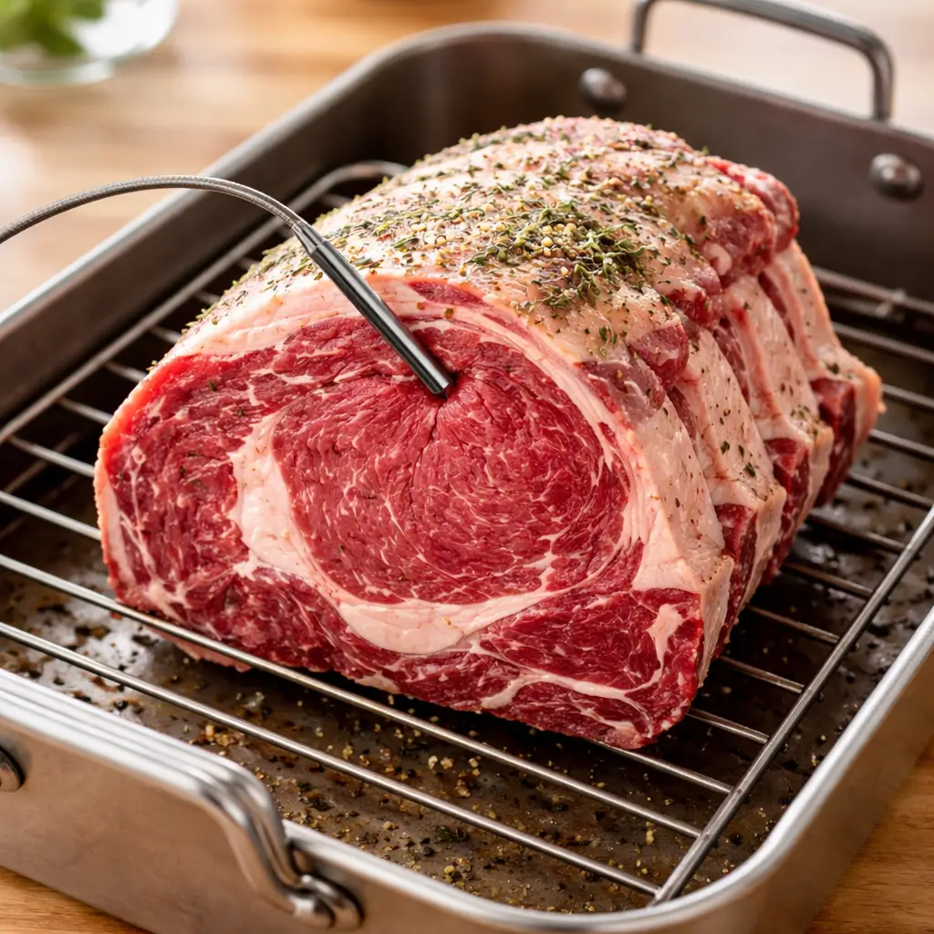 Thermometer probe inserted into the center of a bone-in ribeye roast for accurate temperature reading.