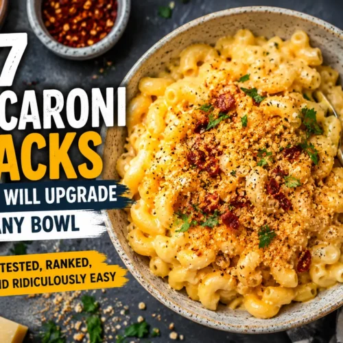 17 macaroni hacks shown with a creamy bowl of macaroni and cheese topped with crispy breadcrumbs, herbs, and spices.