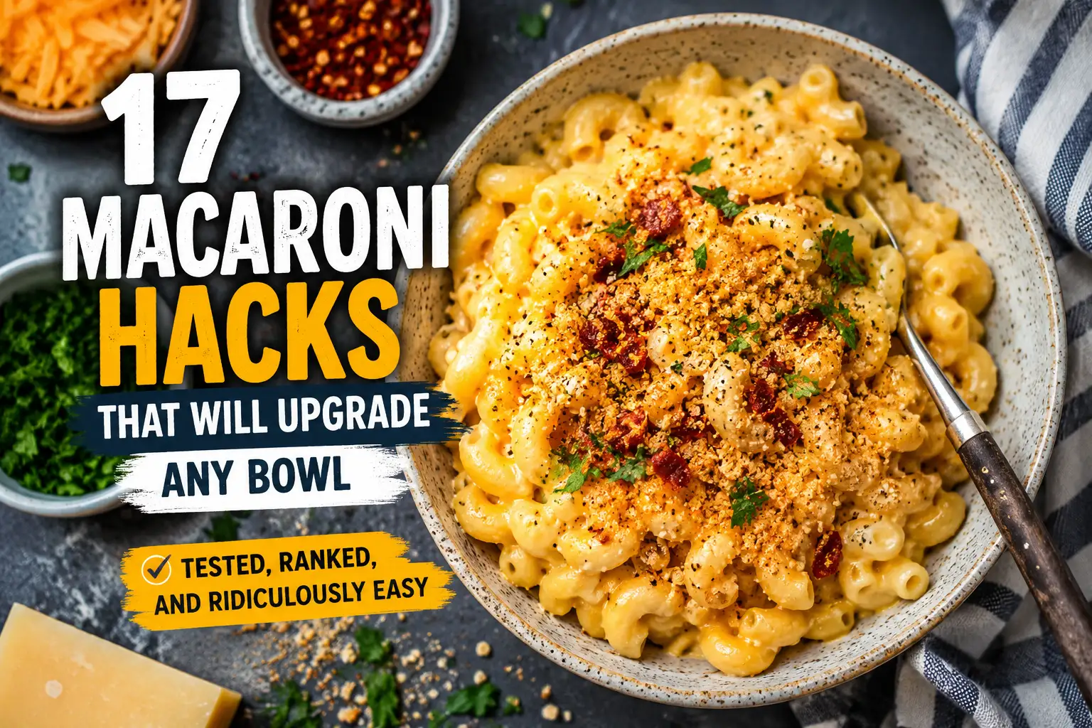 17 macaroni hacks shown with a creamy bowl of macaroni and cheese topped with crispy breadcrumbs, herbs, and spices.