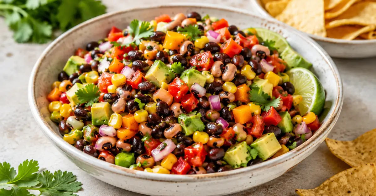 Colorful Cowboy Caviar Recipe served in a bowl with black beans, corn, avocado, fresh vegetables, cilantro, lime, and tortilla chips.