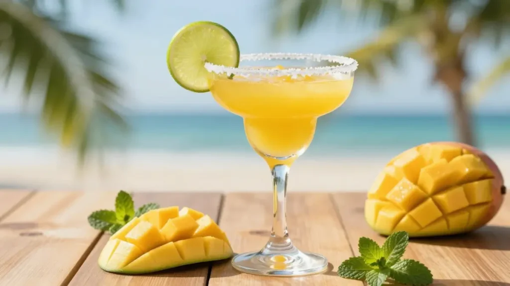 Mango margarita mocktail recipe served in a salt-rimmed glass with fresh mango, lime, mint, and a tropical beach background.