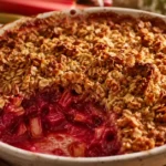 Rustic rhubarb crisp recipe in a ceramic baking dish with golden oat topping, bubbling red rhubarb filling, and one scoop removed.