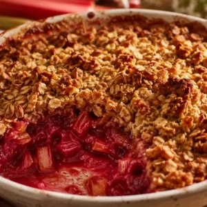 Rustic rhubarb crisp recipe in a ceramic baking dish with golden oat topping, bubbling red rhubarb filling, and one scoop removed.