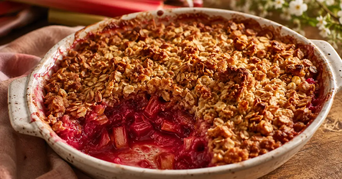 Rustic rhubarb crisp recipe in a ceramic baking dish with golden oat topping, bubbling red rhubarb filling, and one scoop removed.