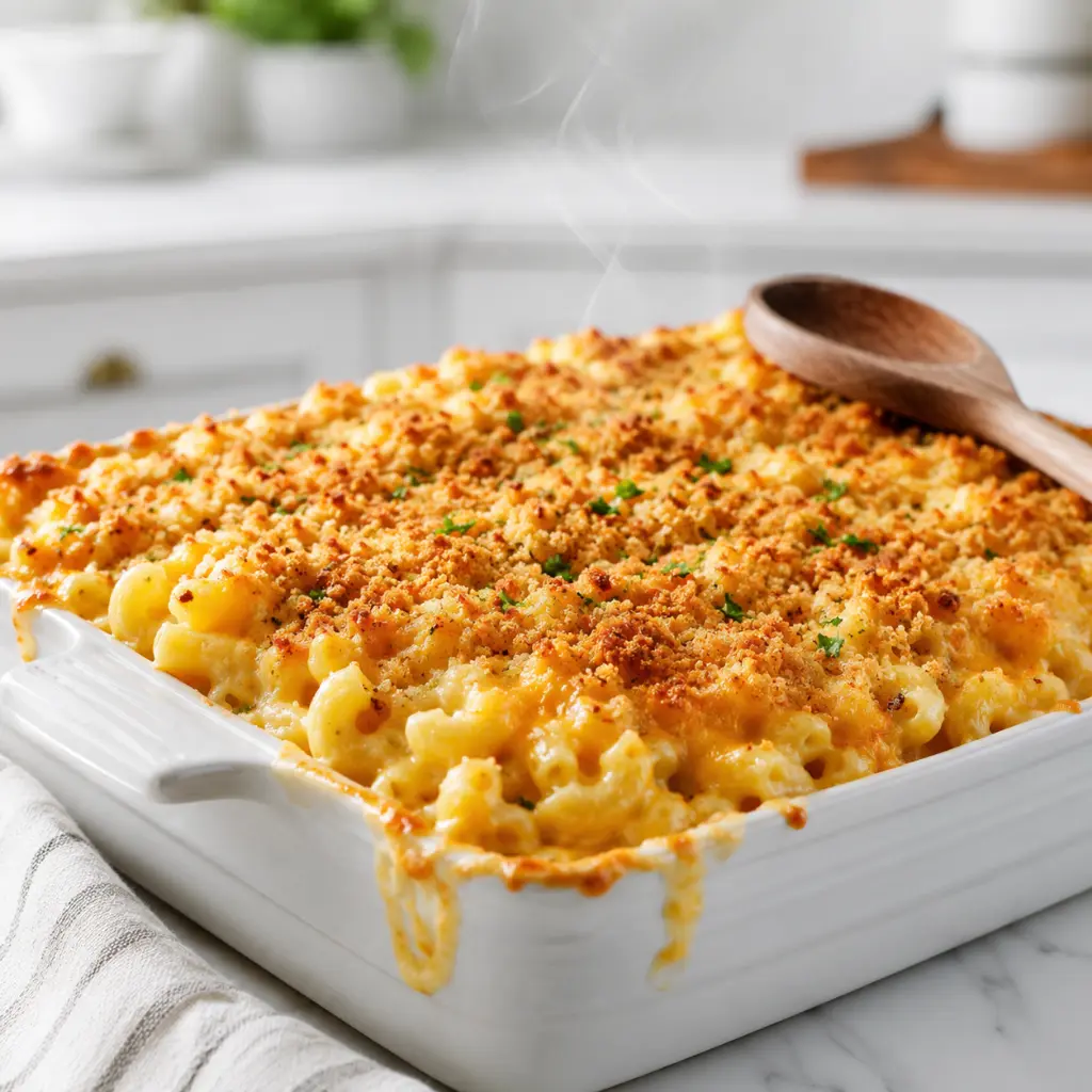Baked macaroni and cheese with golden panko crust in a white dish — the easy oven hack that upgrades any box of mac