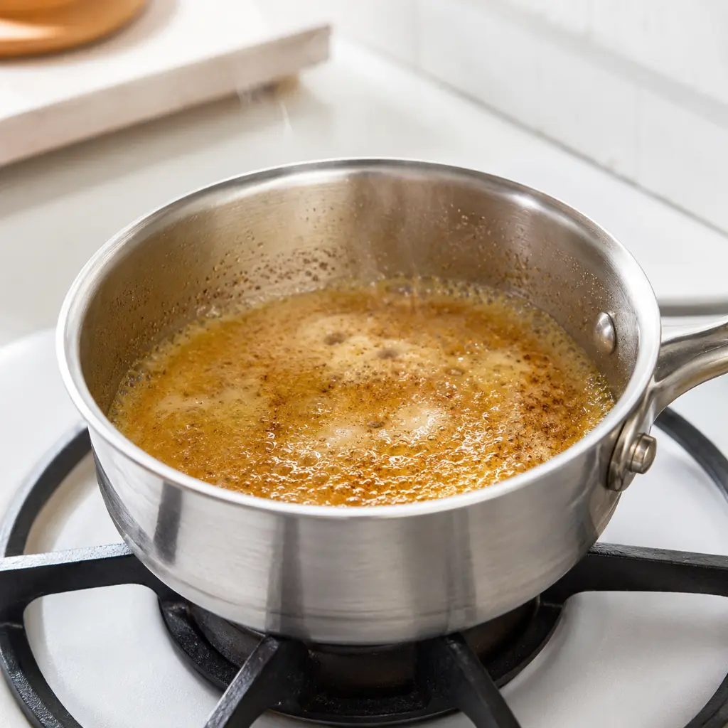 Brown butter in a small saucepan — the single best macaroni hack for richer flavor