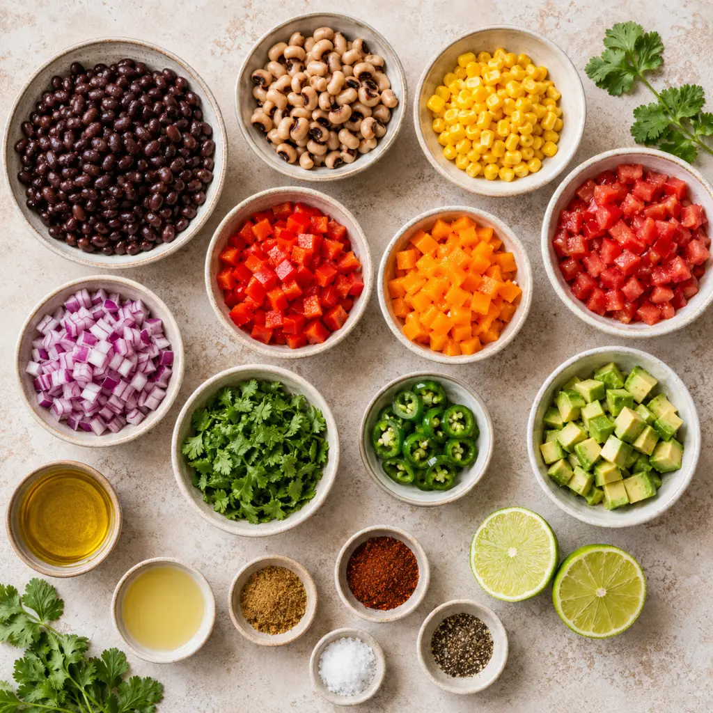 Cowboy caviar ingredients arranged overhead with black beans, black-eyed peas, corn, tomatoes, peppers, avocado, cilantro, lime, and spices.