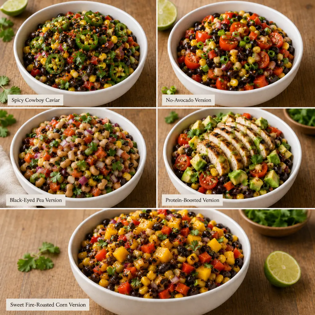 five cowboy caviar recipe variations in a grid including spicy, no-avocado, black-eyed pea, grilled chicken, and fire-roasted corn versions