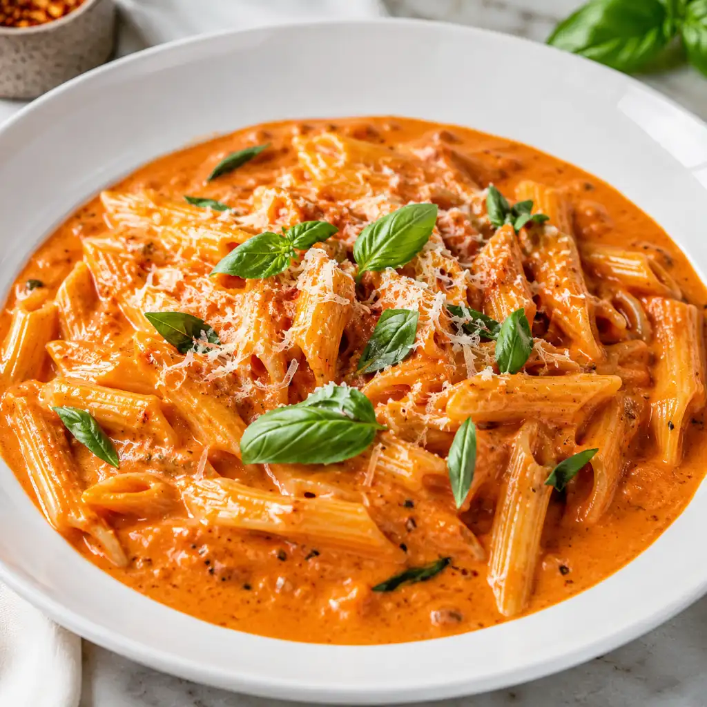 Gigi Hadid vodka pasta — penne in a glossy spicy cream sauce with fresh basil on top