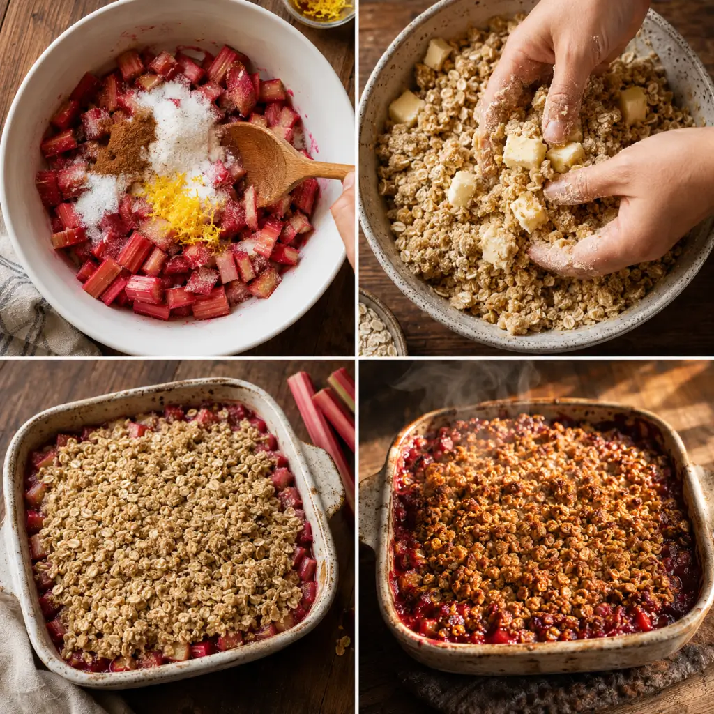 Step by step photos showing how to make rhubarb crisp from mixing the filling to baking the golden oat topping